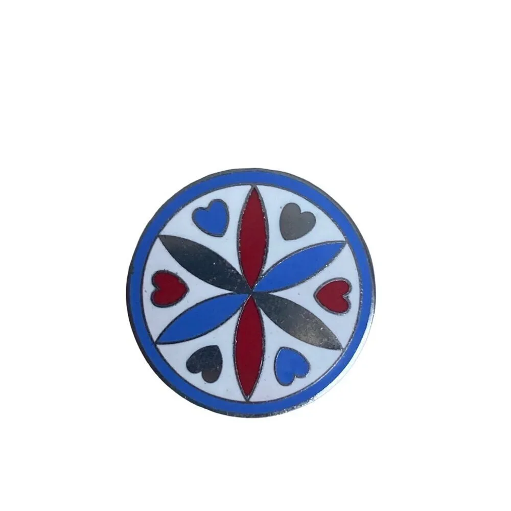 Vintage Pennsylvania Dutch Enamel Hex Pin Brooch Red Blue Hearts Star